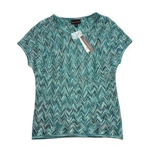 Dana Buchman Green‎ Teal Chevron Metallic Knit Top Medium NEW